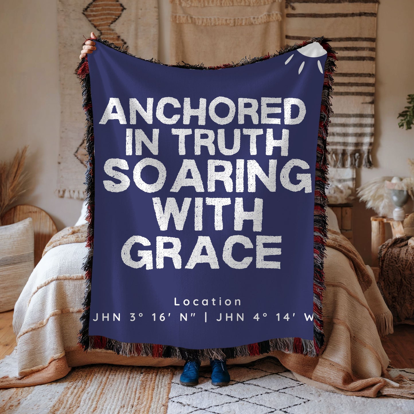 Anchored in Truth Woven Throw – A Faith Map to Grace (Blue/Cream)