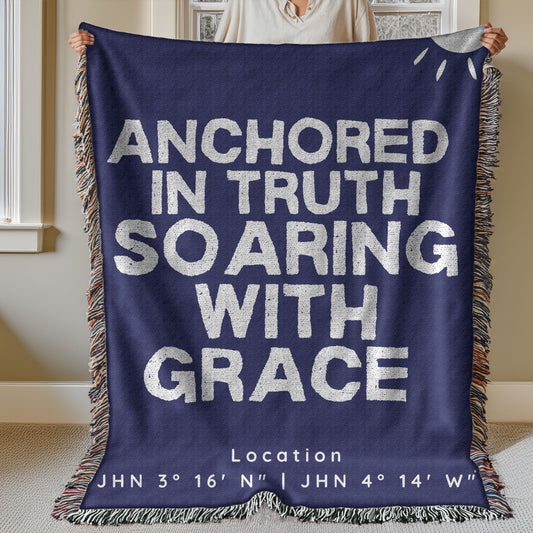 Anchored in Truth Woven Throw – A Faith Map to Grace (Blue/Cream)