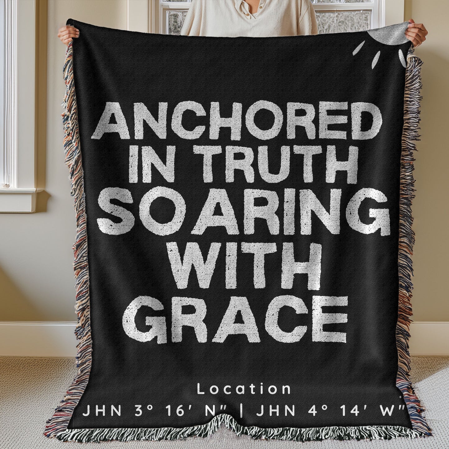 Anchored in Truth Woven Throw – A Faith Map to Grace (Black /Cream)